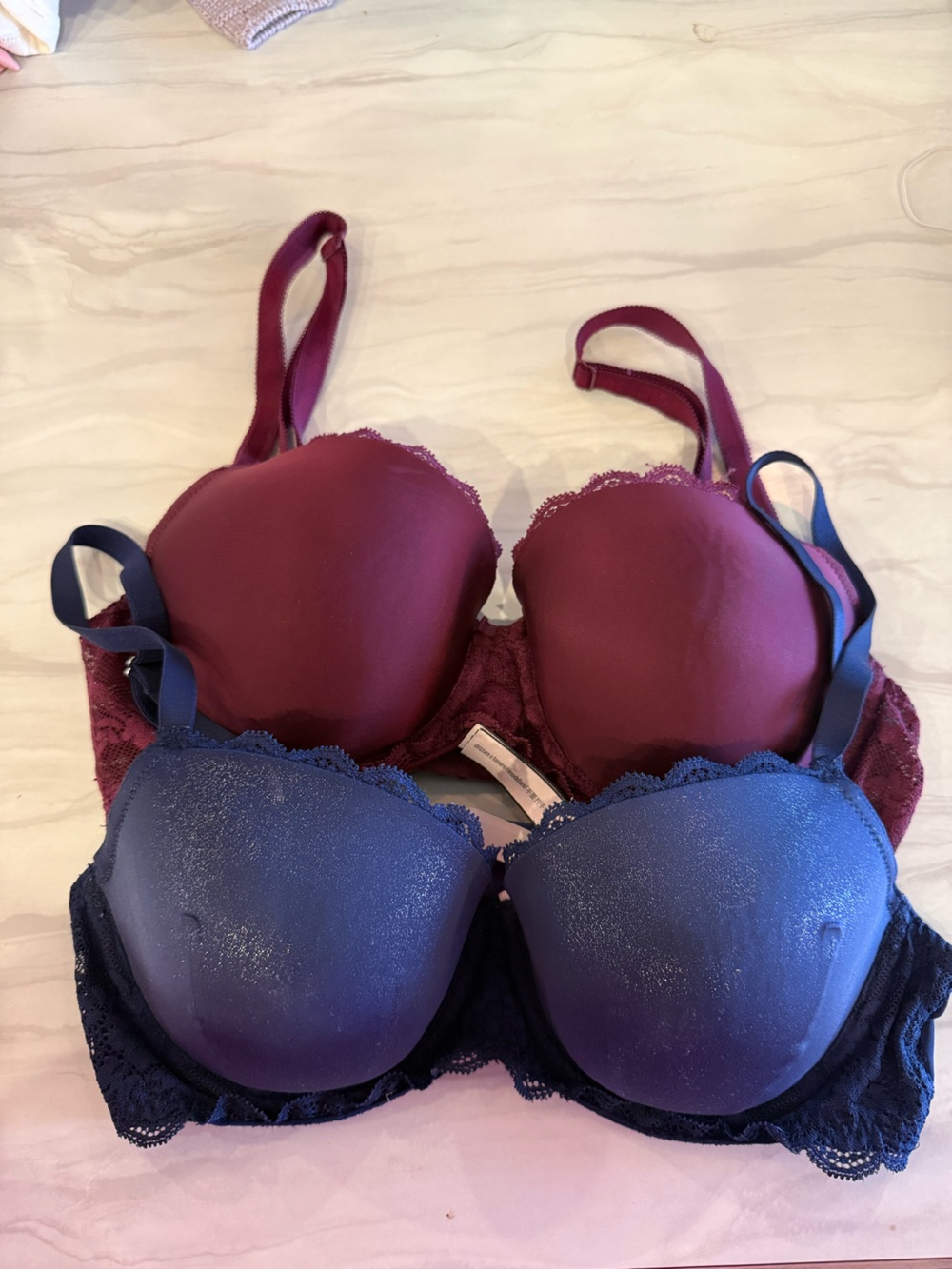 2 Victoria’s Secret Dream Angels Lined Demi Bras Lace Sexy Maroon Navy 34D